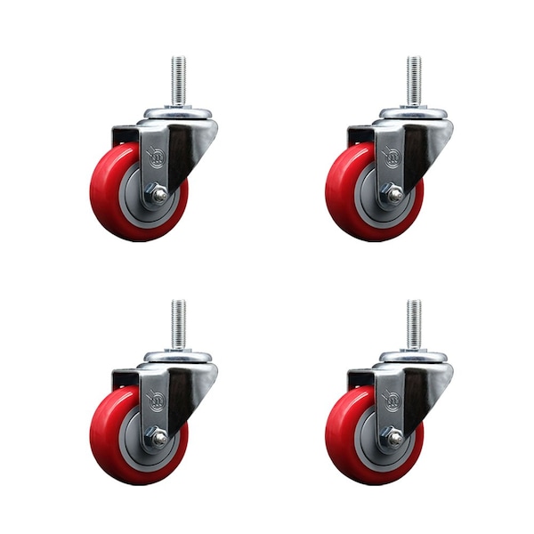 3 Inch Red Polyurethane Wheel Swivel 58 Inch Threaded Stem Caster Set Service Caster